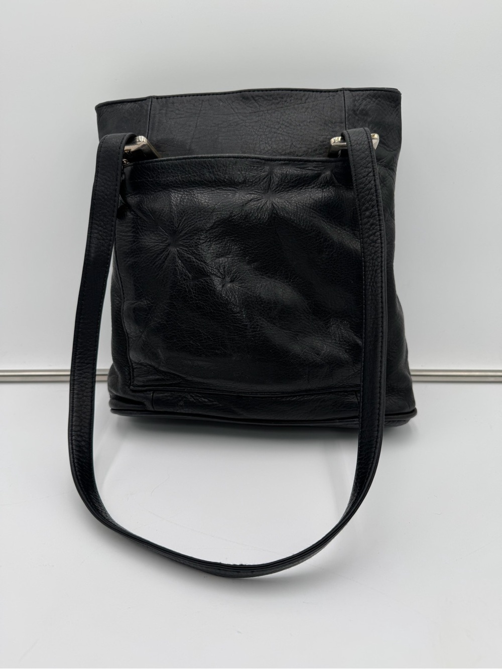 Mila Paoli Genuine Leather Black Tote Shoulder Bag Front Zip Pocket EUC